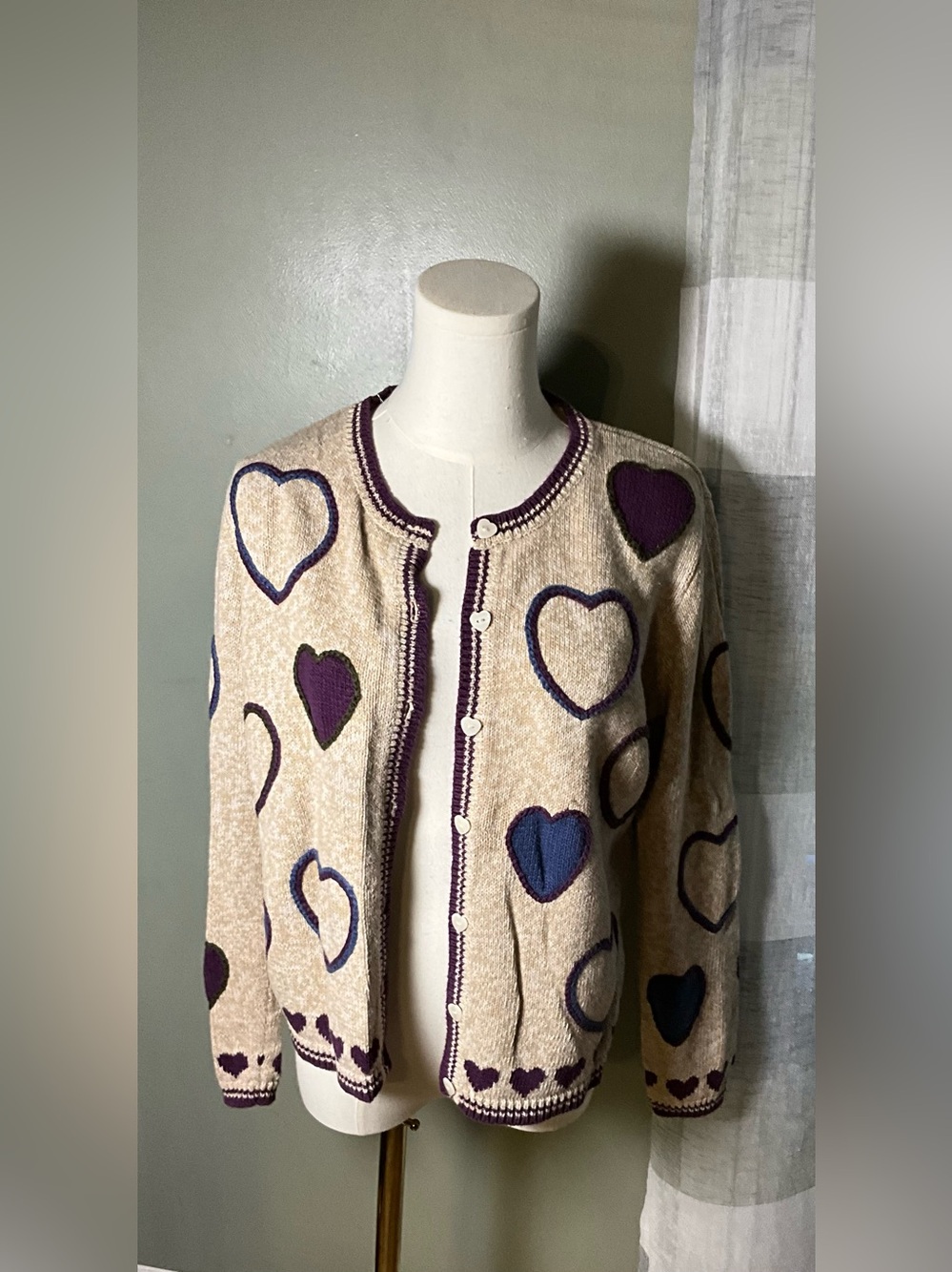 Christopher & Banks Heart Cardigan in Cream & Purple Size Small Like New